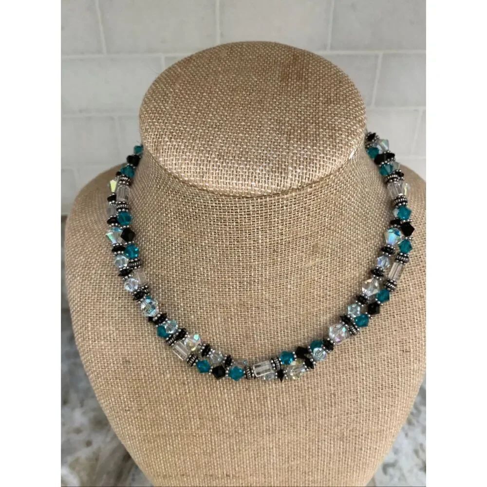 Blue Zircon, Black, Clear Swarovski Crystals Necklace and Matching Bracelet